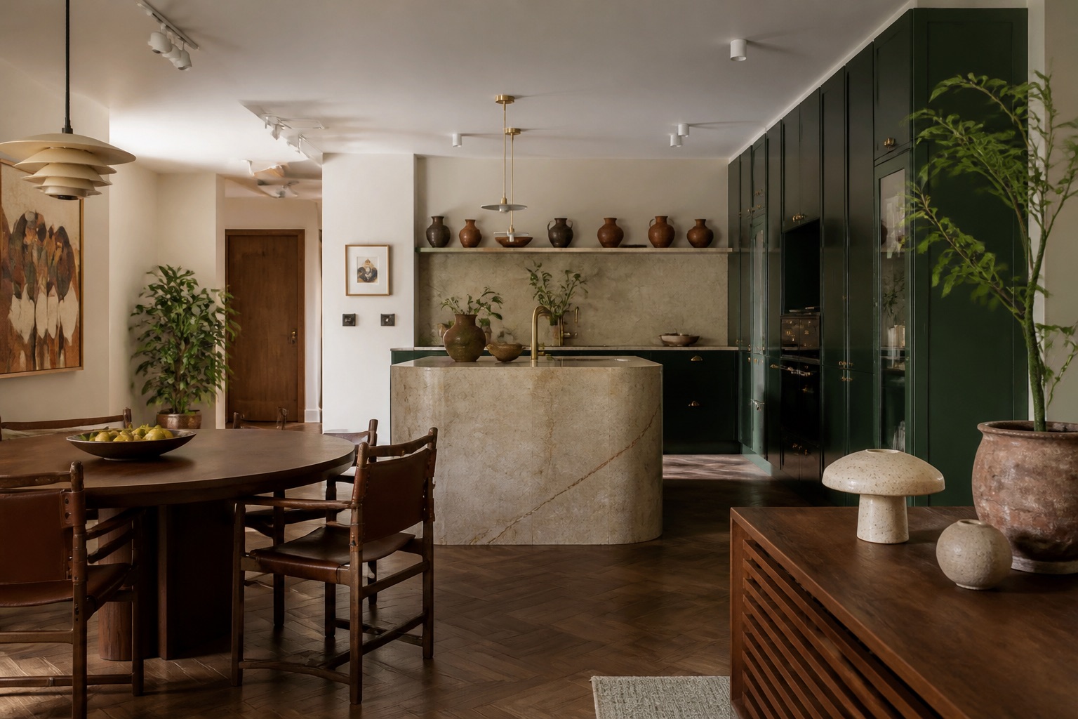 Cozinha e sala de jantar com madeira, pedra natural e marcenaria verde