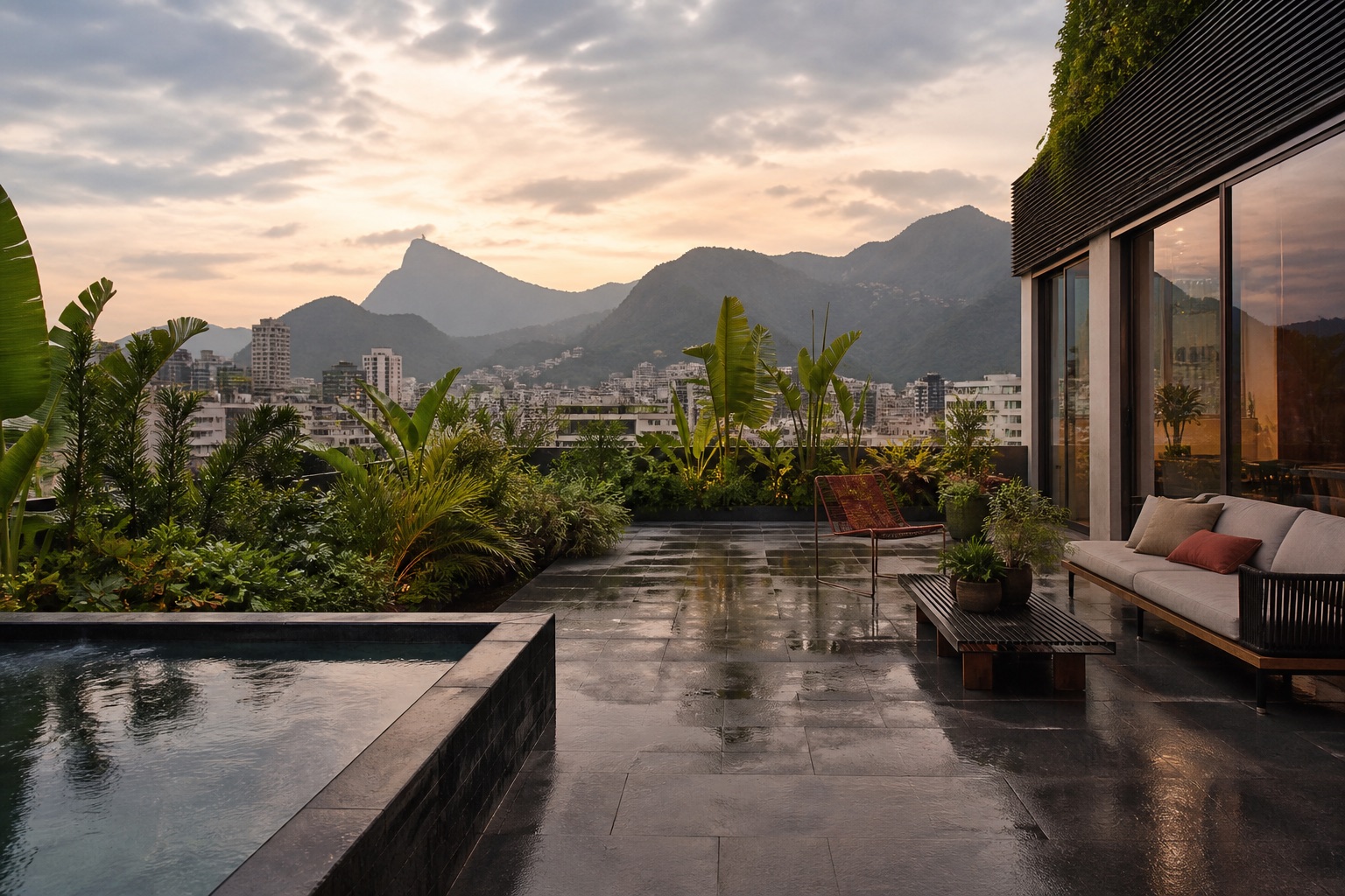 Terraço residencial com piscina, jardim e vista para montanhas